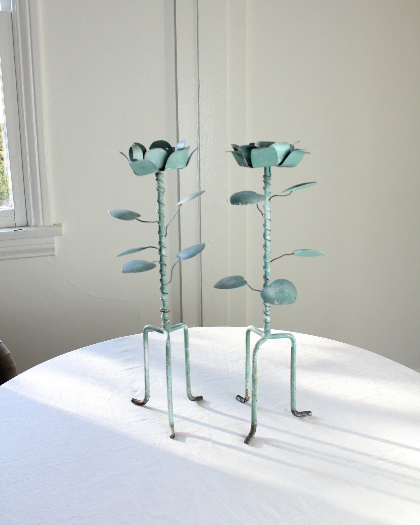 Floral Verdigris Candle Holders, Pair