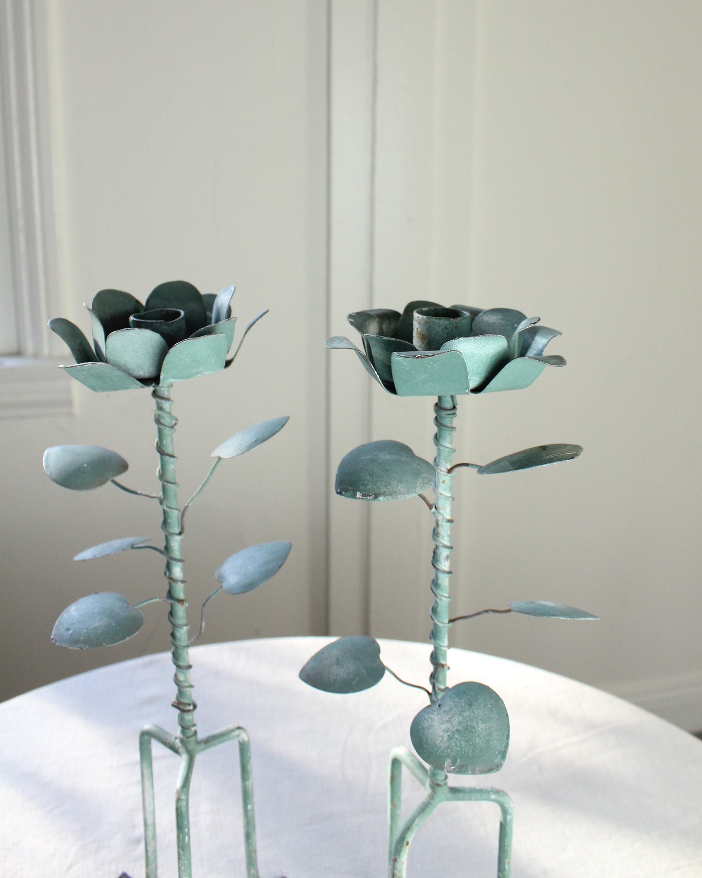 Floral Verdigris Candle Holders, Pair