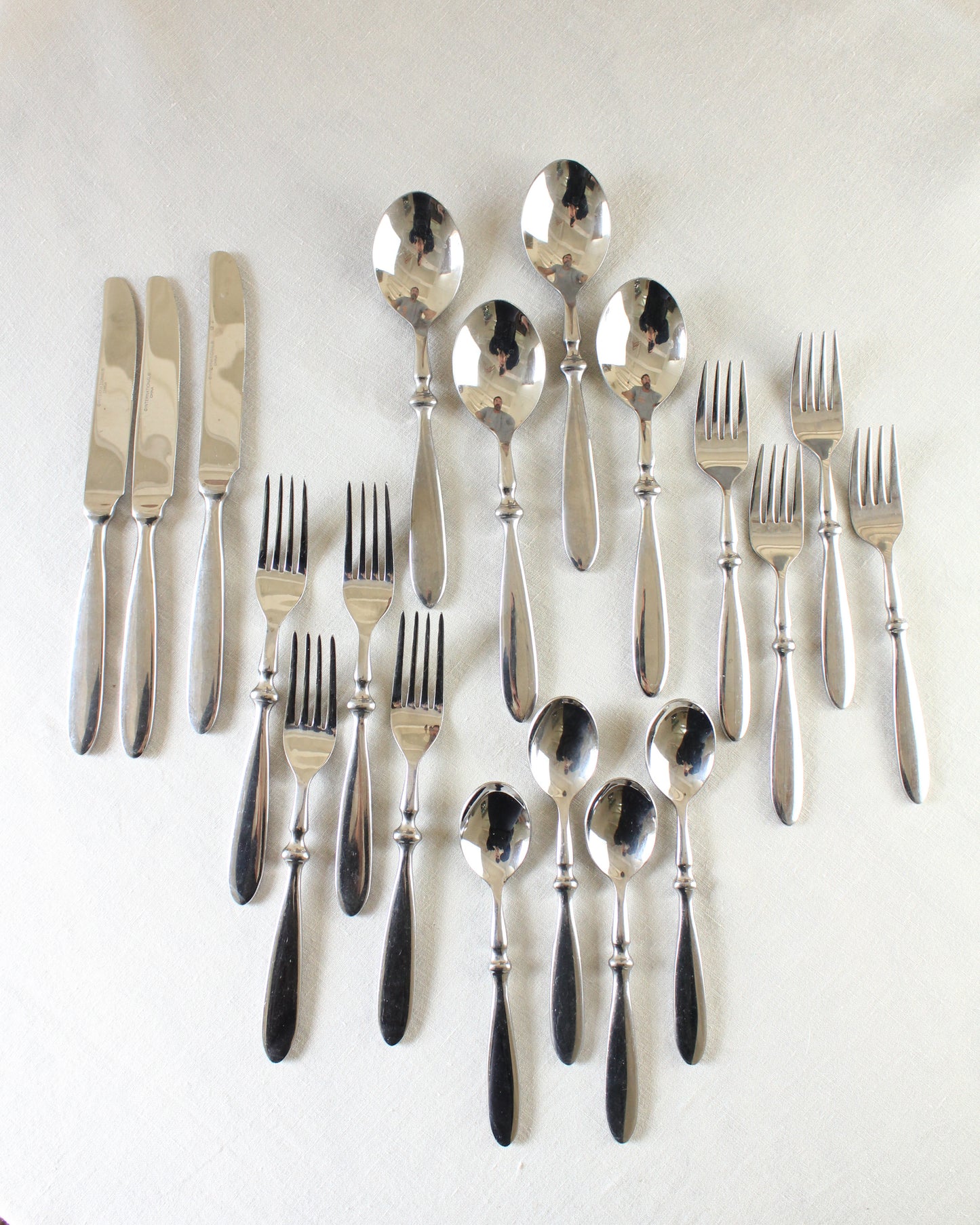 20th Century Vintage Ridged Stainless Steel Flatware Set- 19 pieces