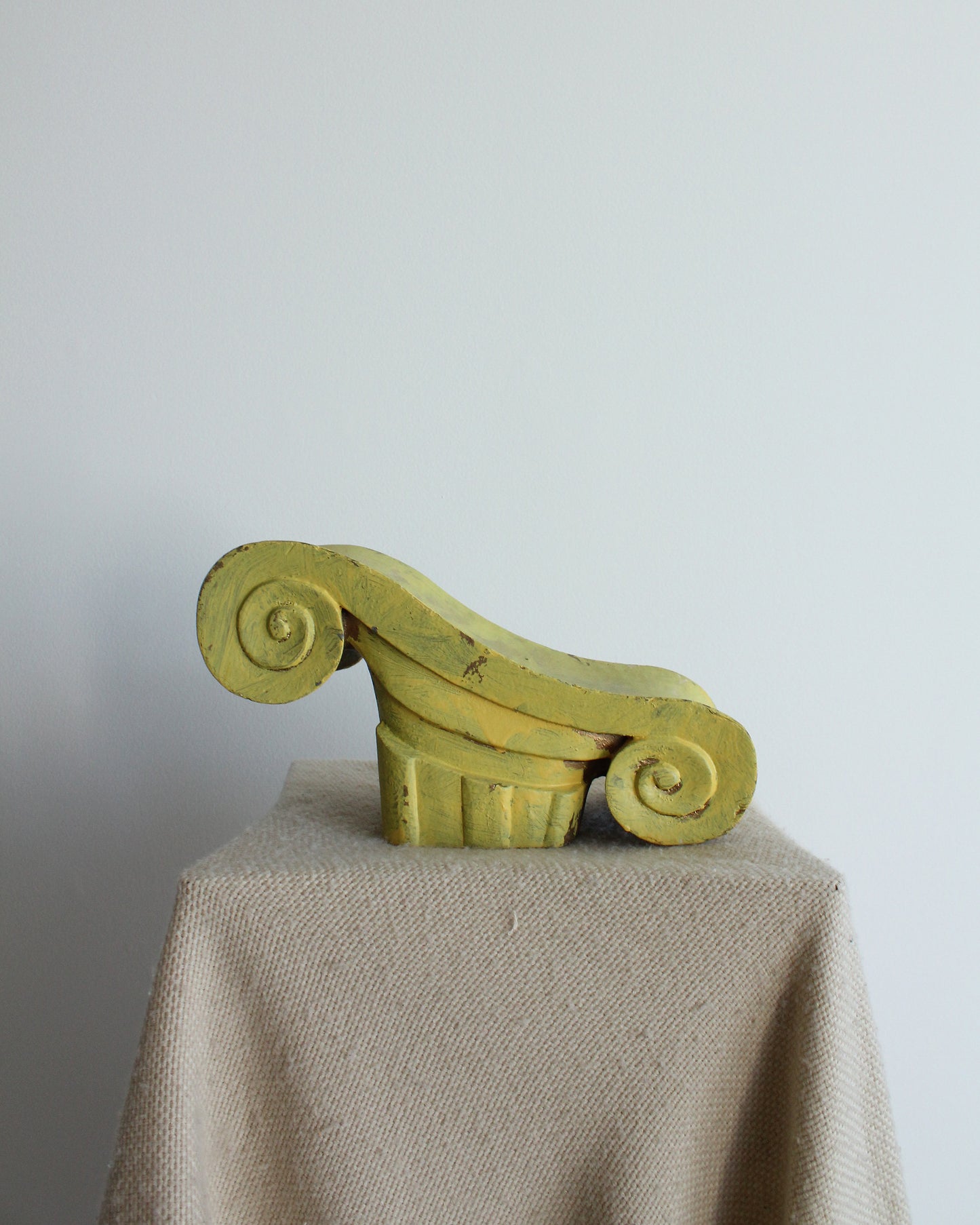 Vintage Capitello Style Wooden Ionic Yellow Painted Column Capital Object