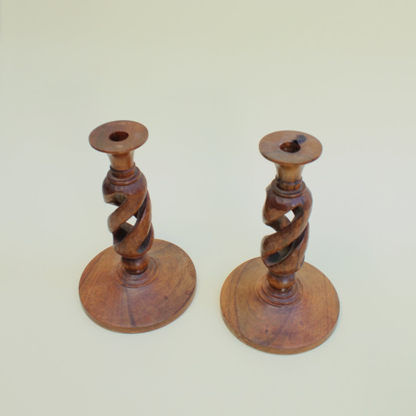 Carved Twisted Treenware Candlesticks, Pair