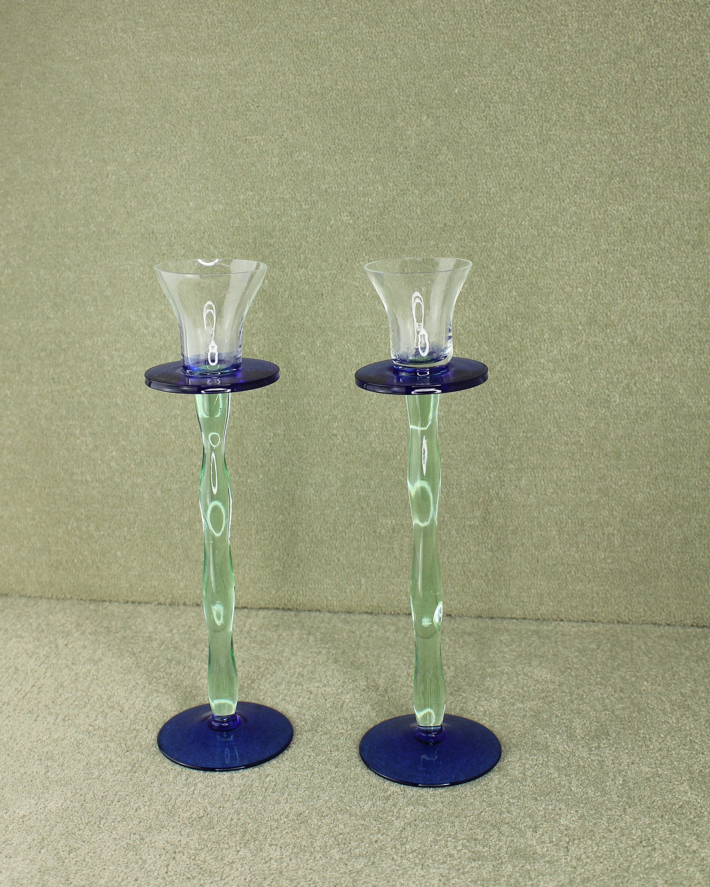 Blue Green Wavy Glass Candlesticks