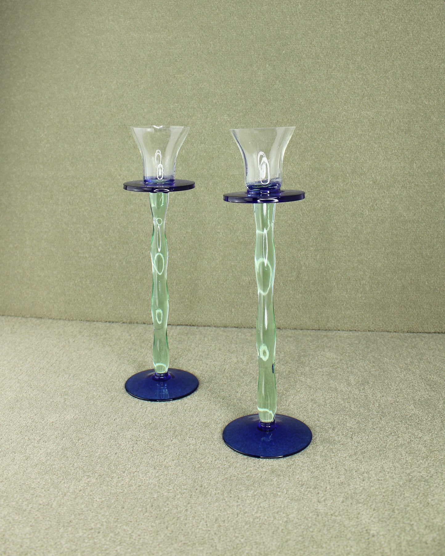 Vintage 1990s Swedish Blue Green Wavy Glass Celeste Candlesticks Anne Nilsson for Orrefors