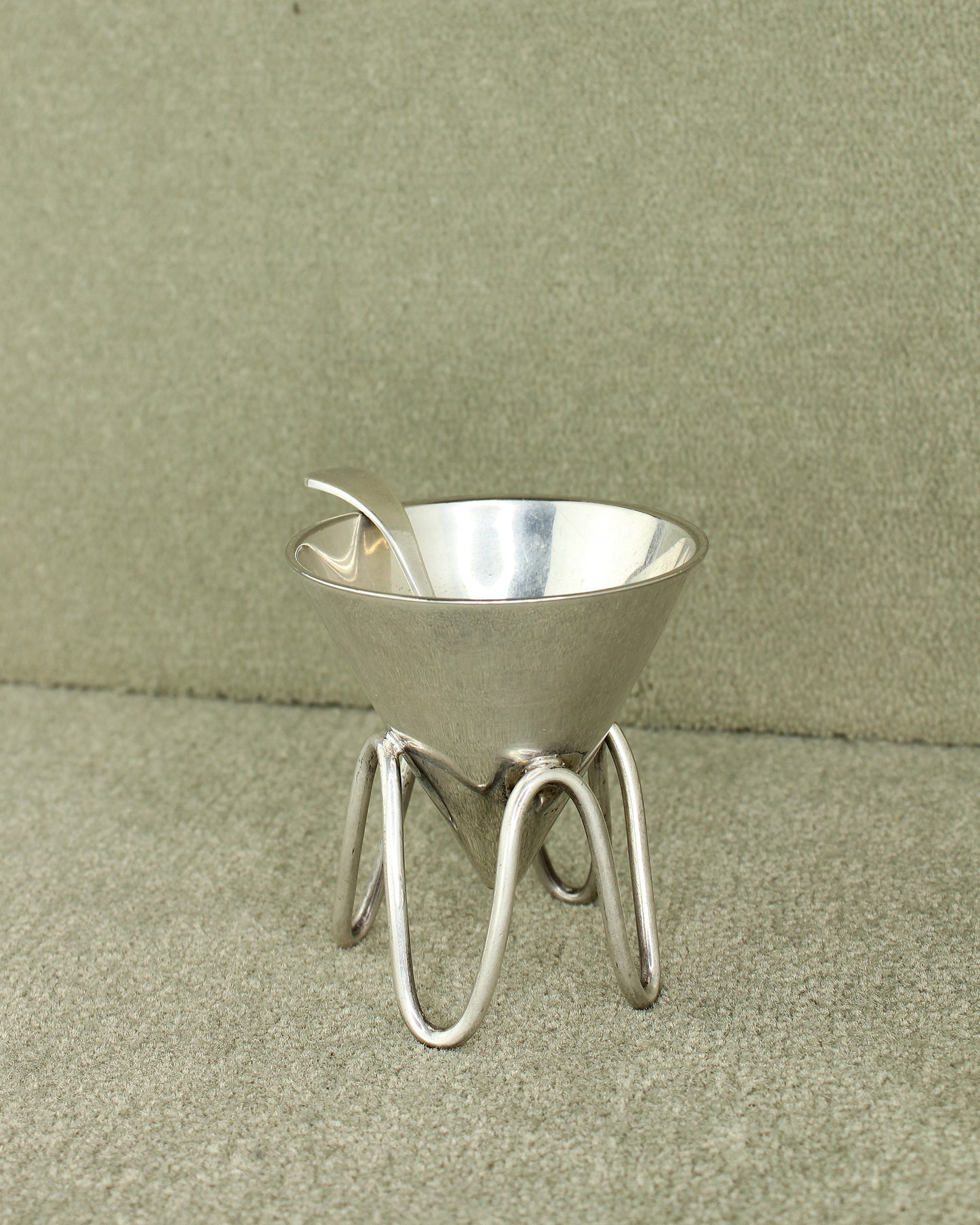 Vintage Danish Conical 20th Century Sugar Bowl On Legs With Spoon Silver Plated Brass