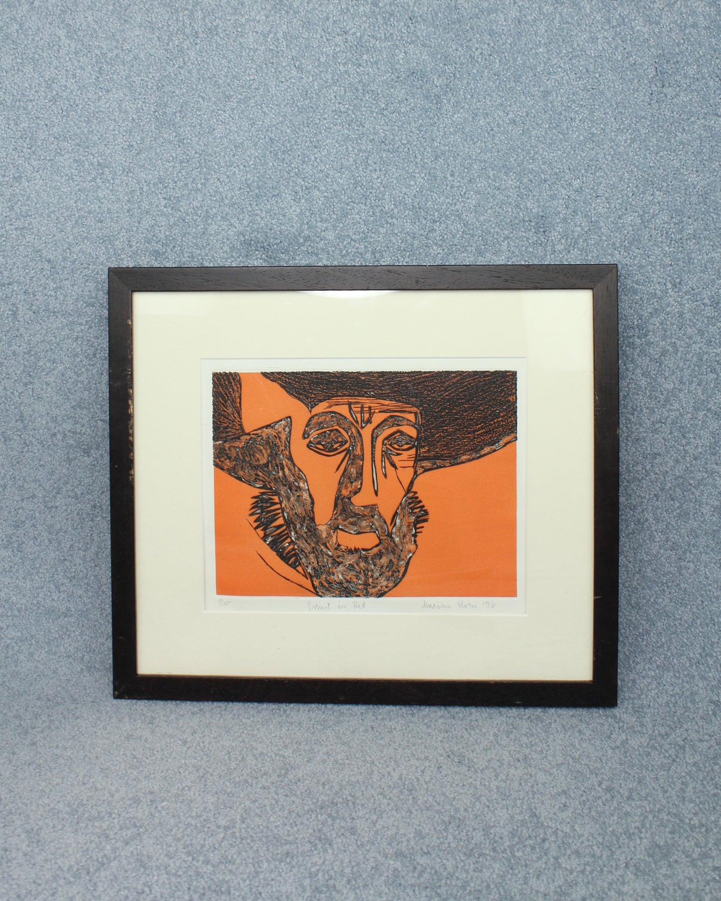 Framed Artwork 'Saint In Red' etching on paper, Marian Korn (1914–1987). Edition 5/15, Japan, 1976, orange and black