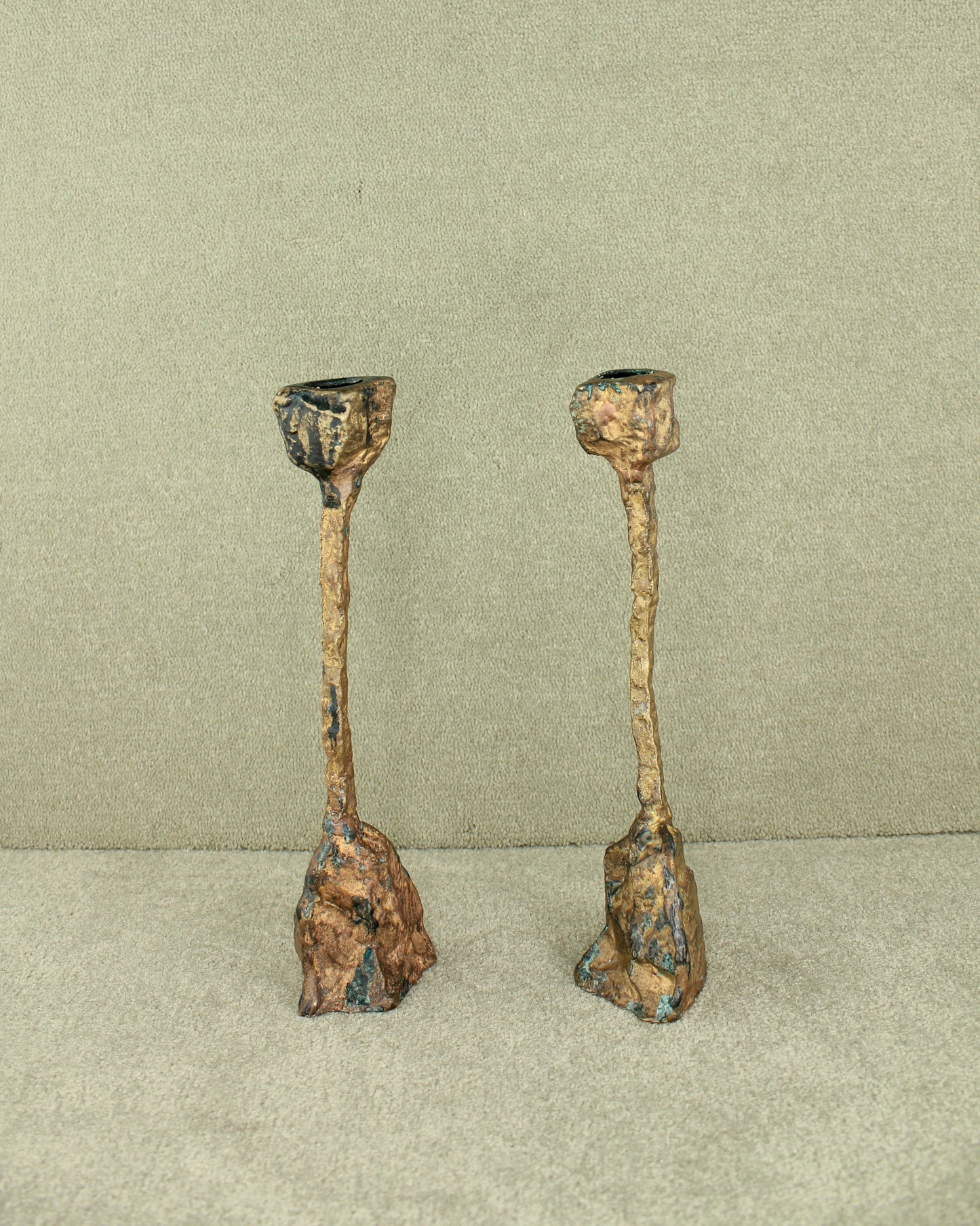 Pair of Bronze Brutalist Candle Holders