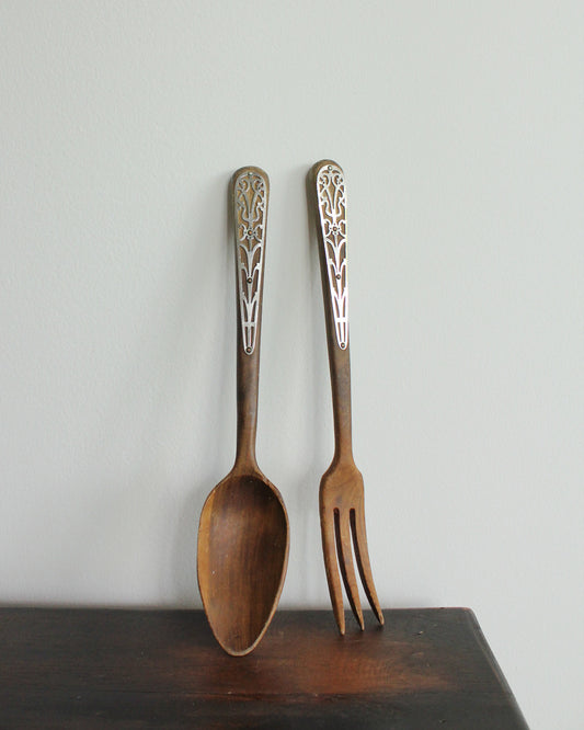Teak Salad Servers with Pierced Sterling Silver Overlay