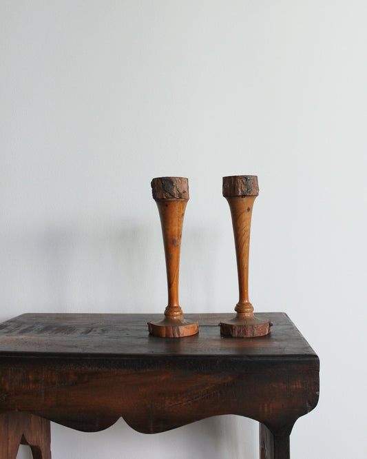 Pair of Folk Wood & Bark Candle Holders