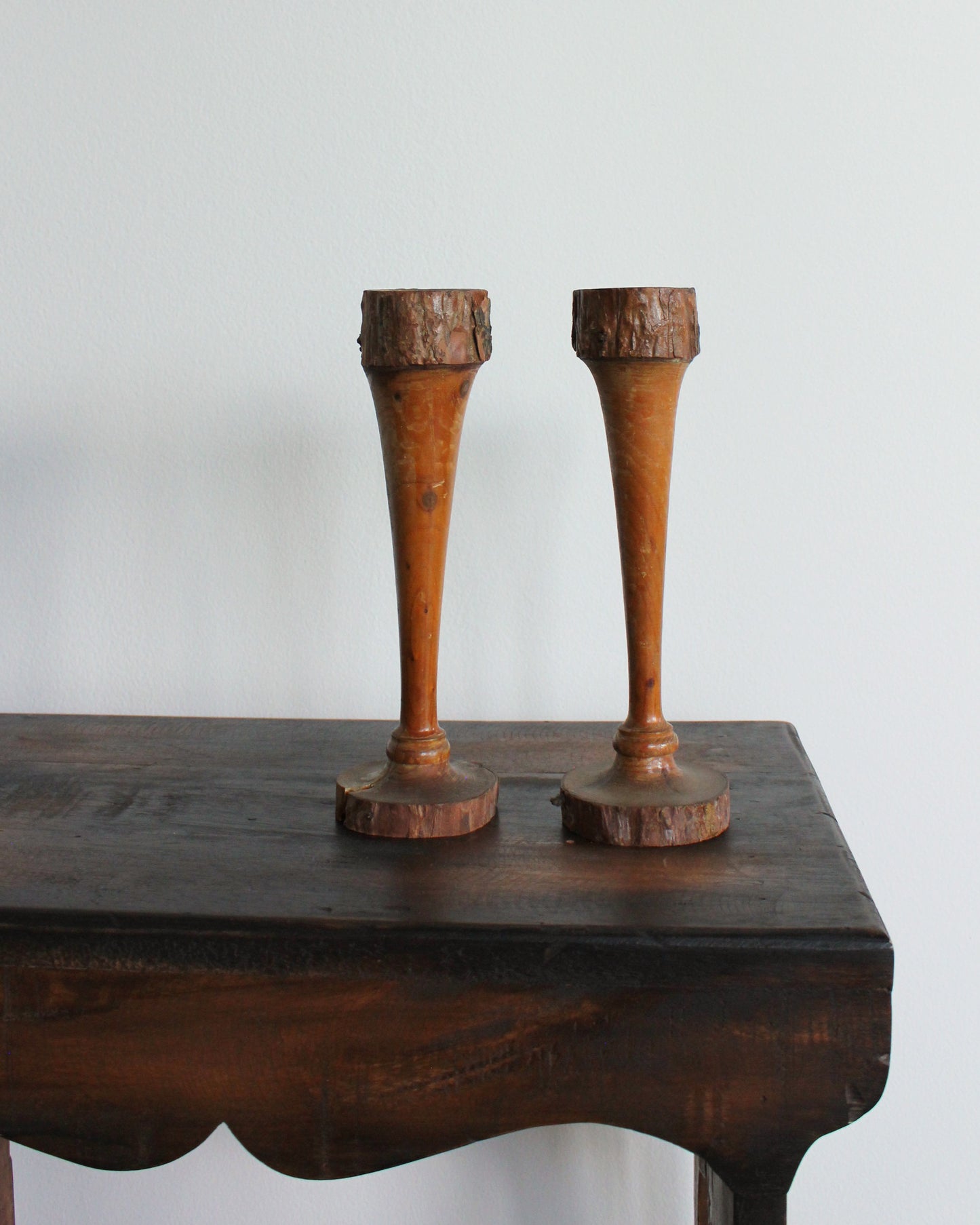 Pair of Folk Wood & Bark Candle Holders