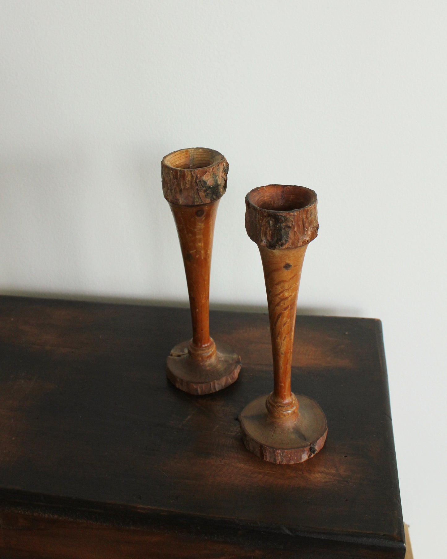 Pair of Folk Wood & Bark Candle Holders