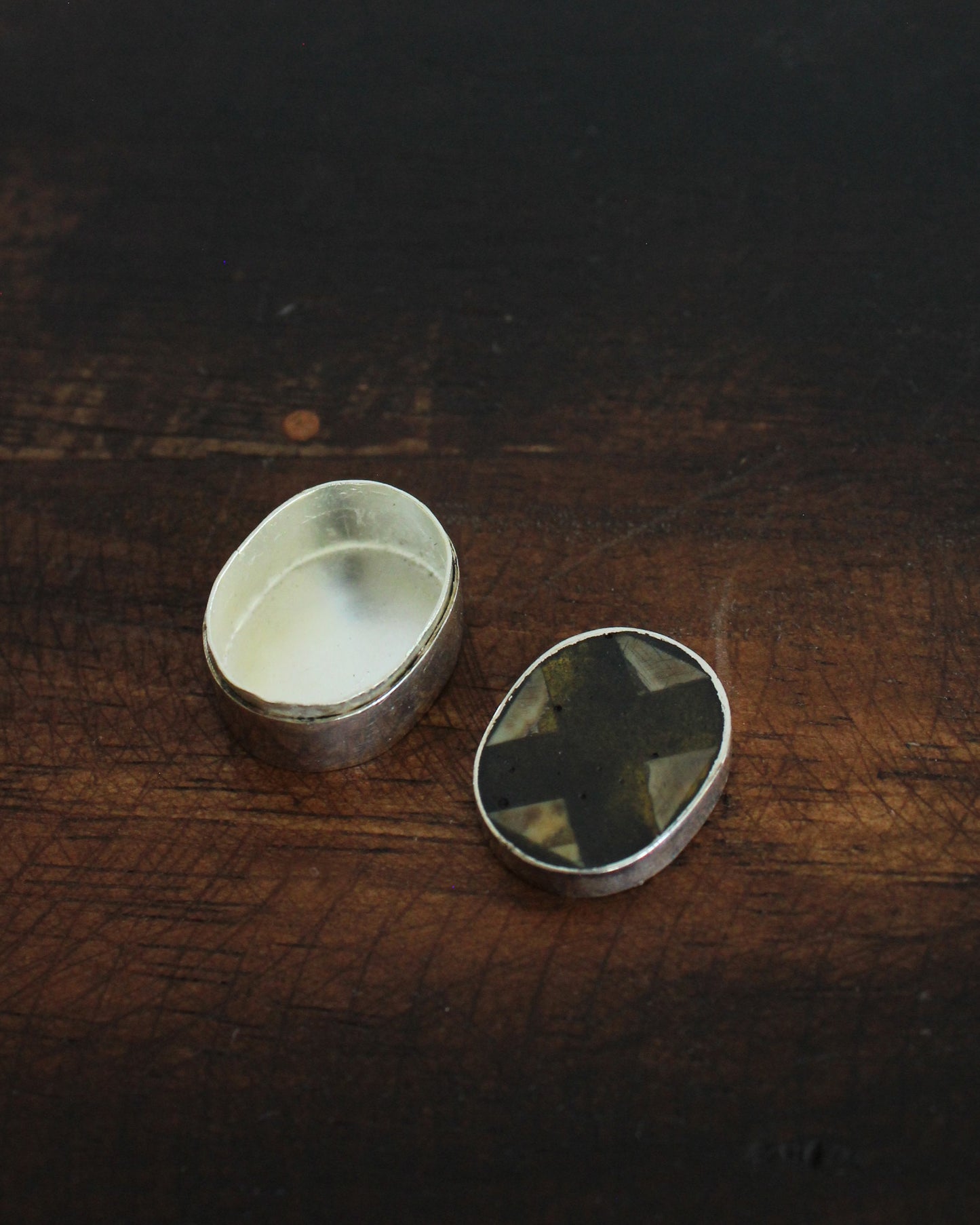 Silver Pill Box With Cross Design Bone Inlay