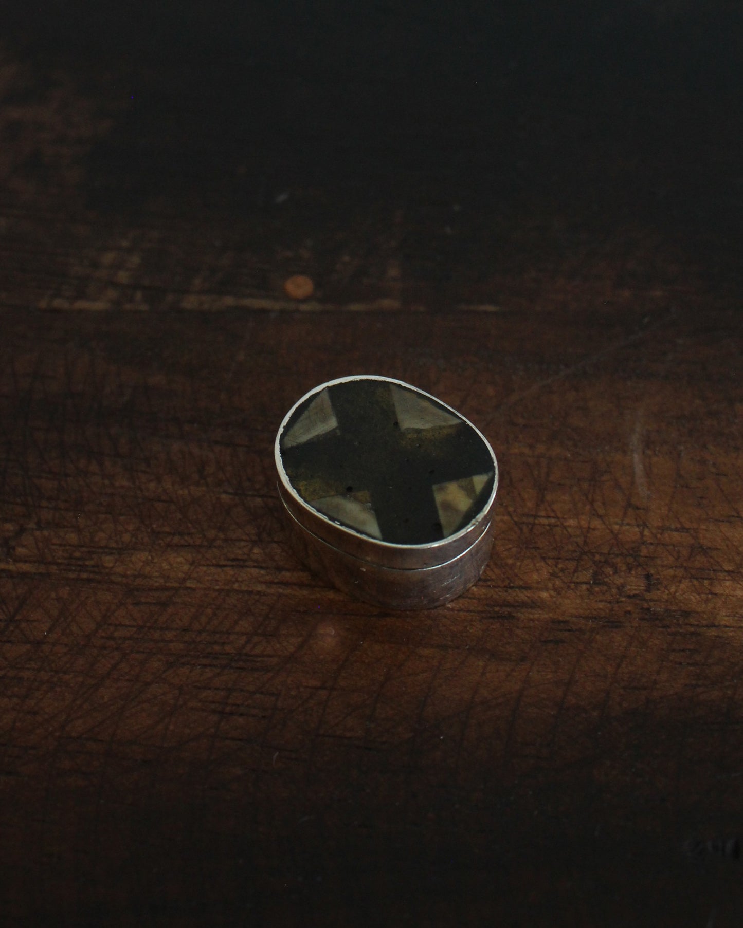 Silver Pill Box With Cross Design Bone Inlay