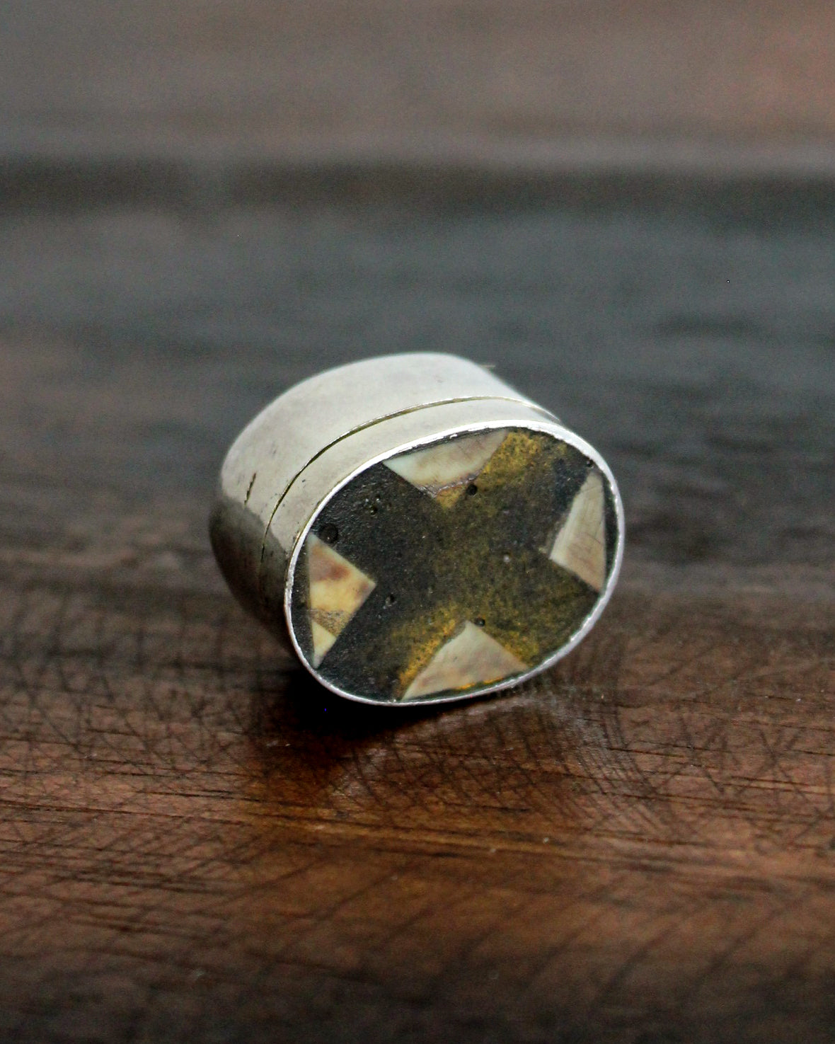 Silver Pill Box With Cross Design Bone Inlay