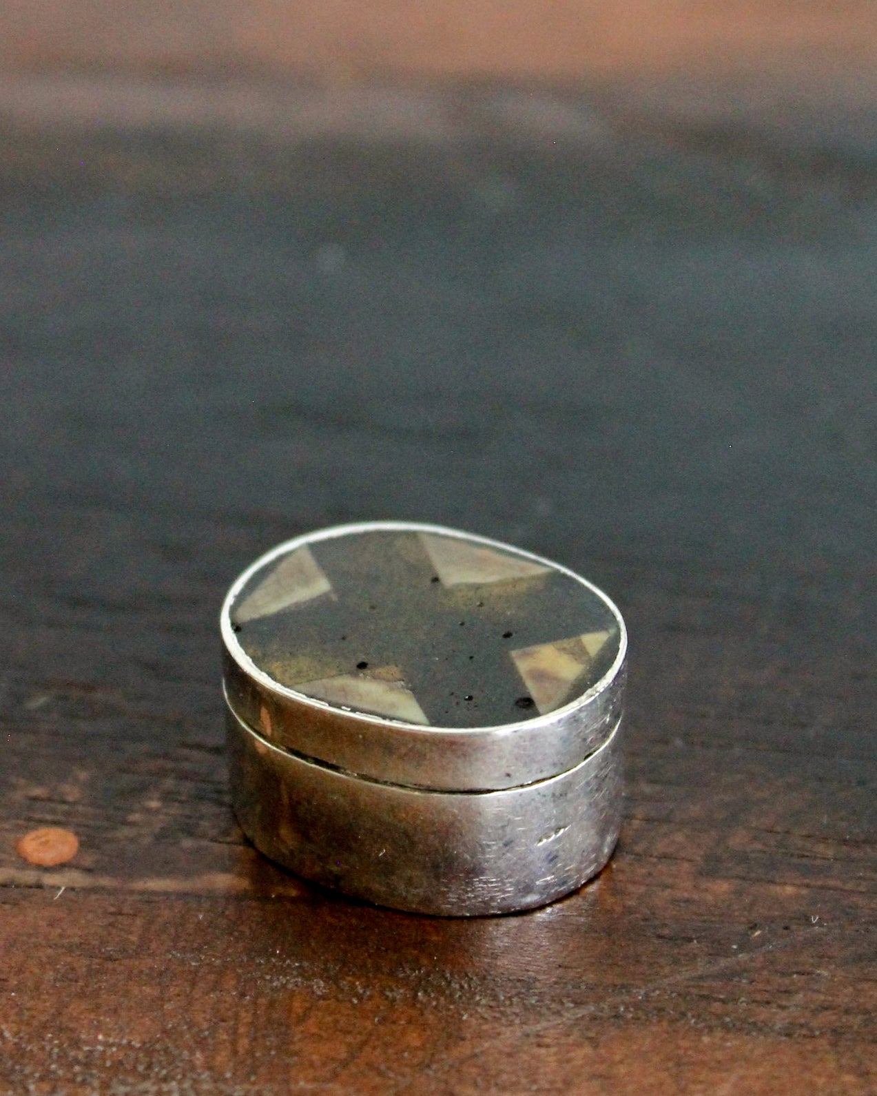 Silver Pill Box With Cross Design Bone Inlay