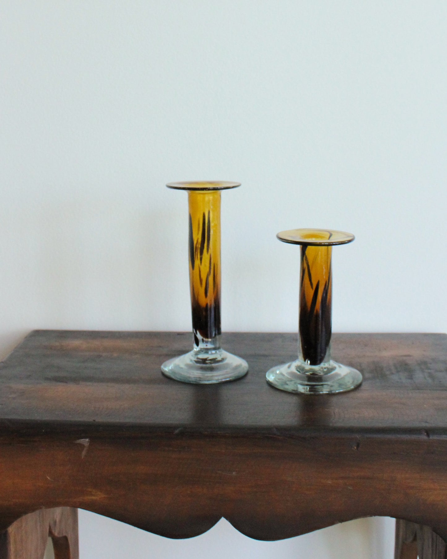 Mottled Amber Handblown Candlesticks