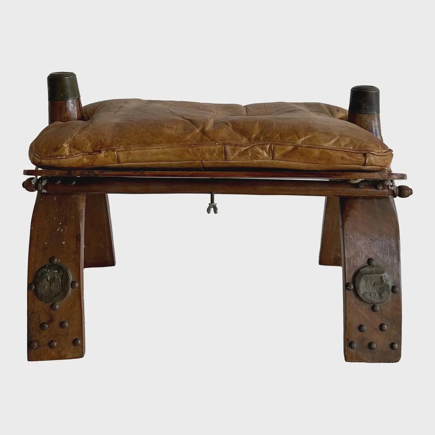 Vintage Egyptian Camel Saddle Stool, Embossed Leather Seat, Brass details, 20th Century