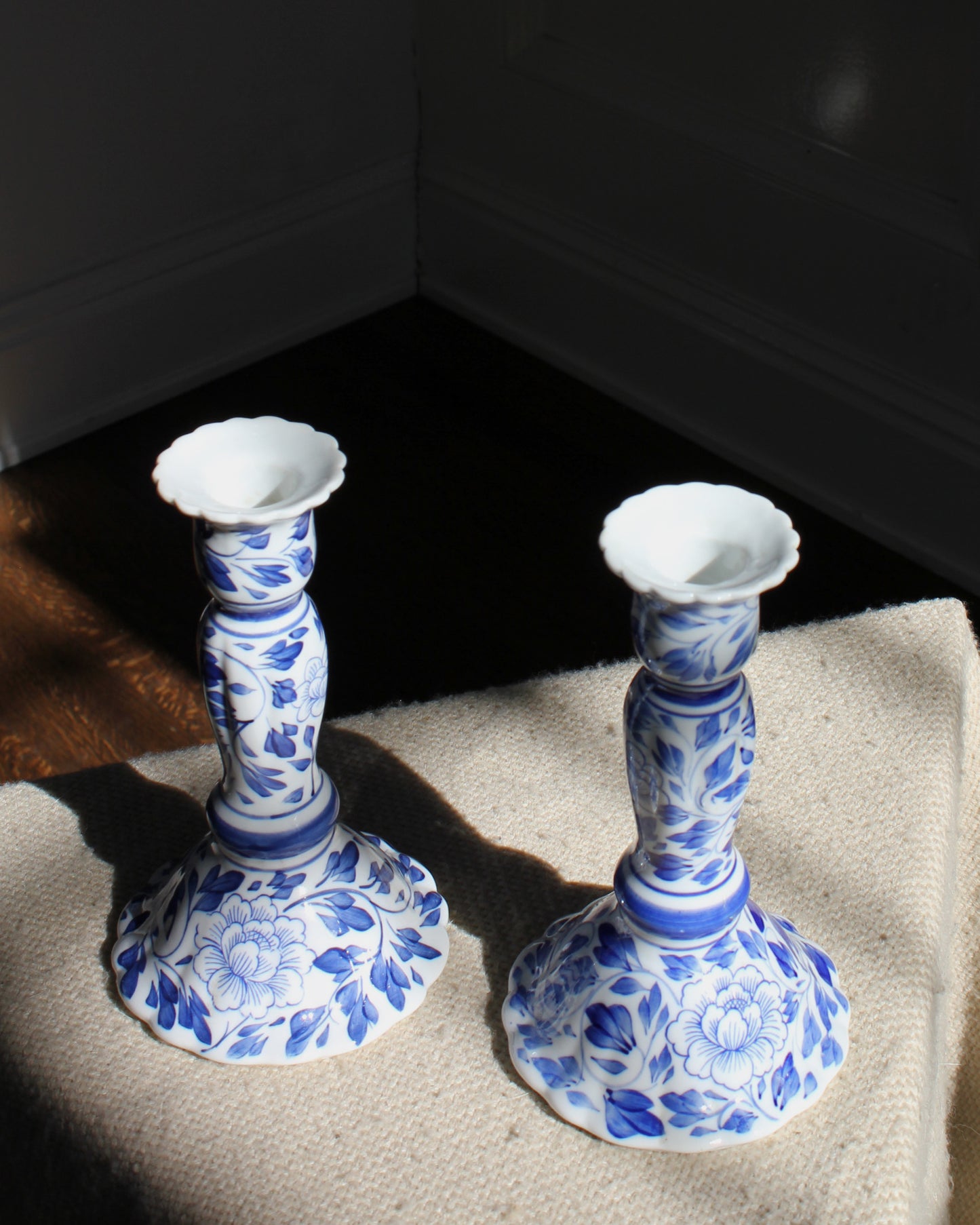 Dutch Delft Candlesticks, Pair