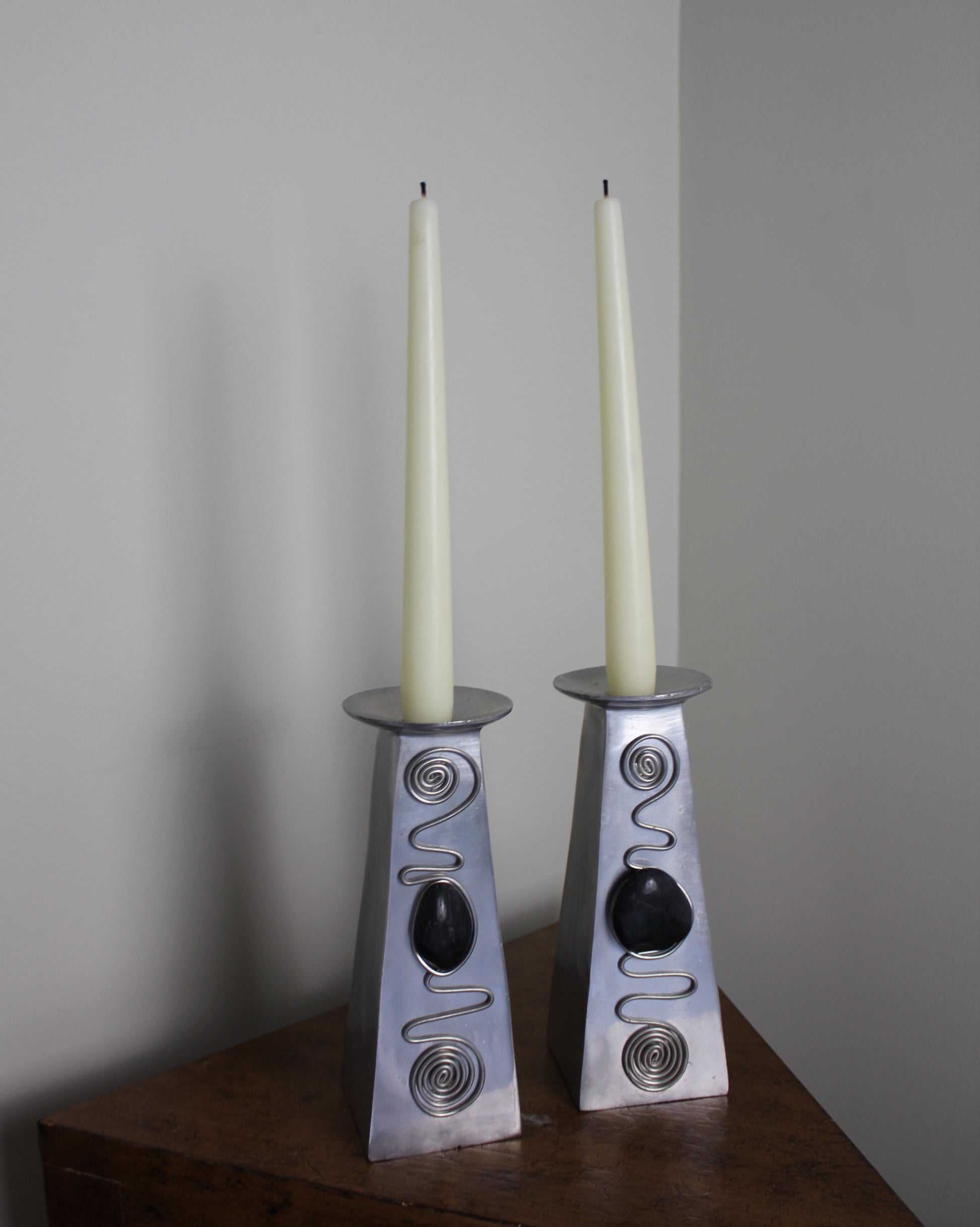 Handmade Vintage Metal Spiral Black Stone Candle Sticks