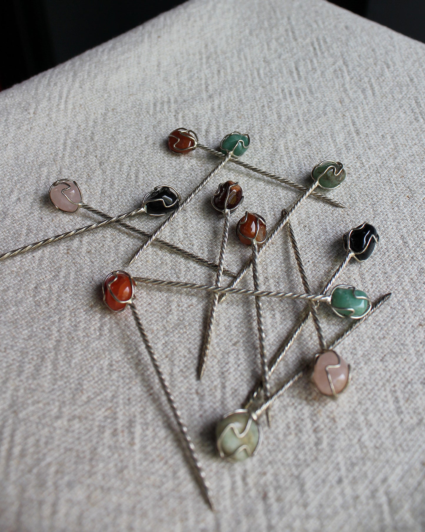 Vintage 1960s Semi Precious Stone Twisted Silver Cocktail Picks