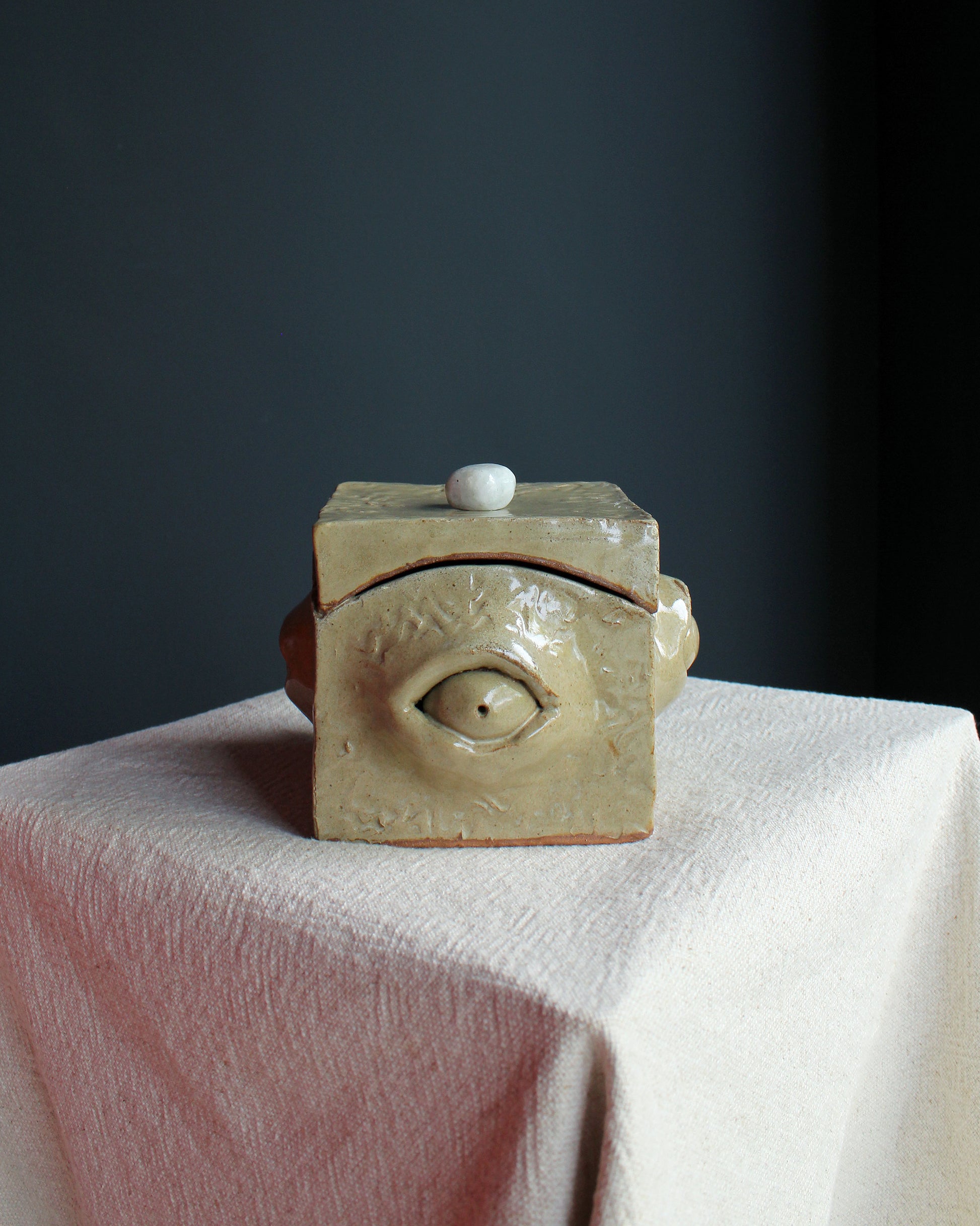 Studio Pottery Eye Cube Object with Moonstone