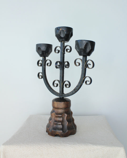 Vintage Medieval Style Iron and Wood Carved and Swirled Candelabra