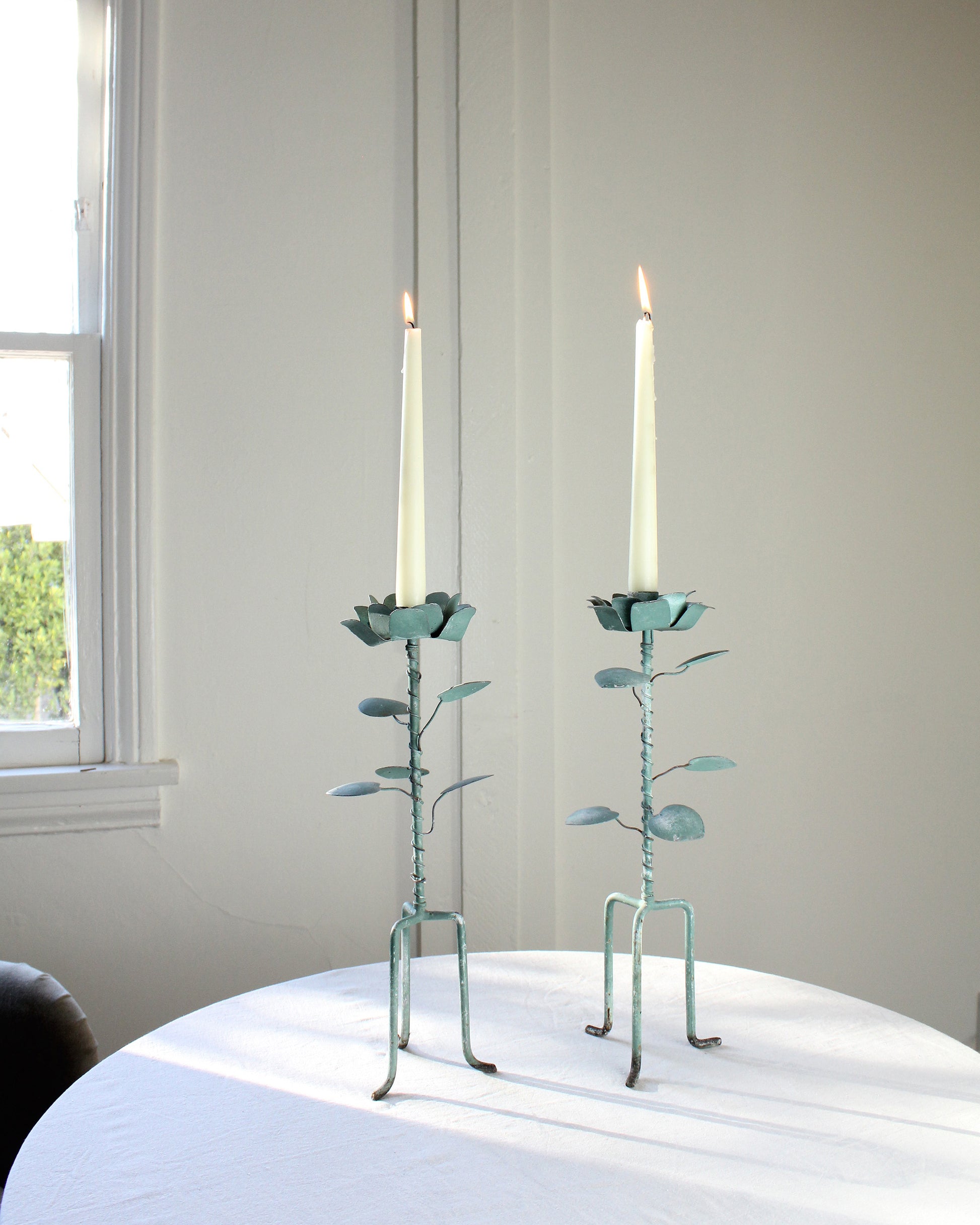 Vintage 20th Century Green Floral Metal Tripod Candle Holders, Pair