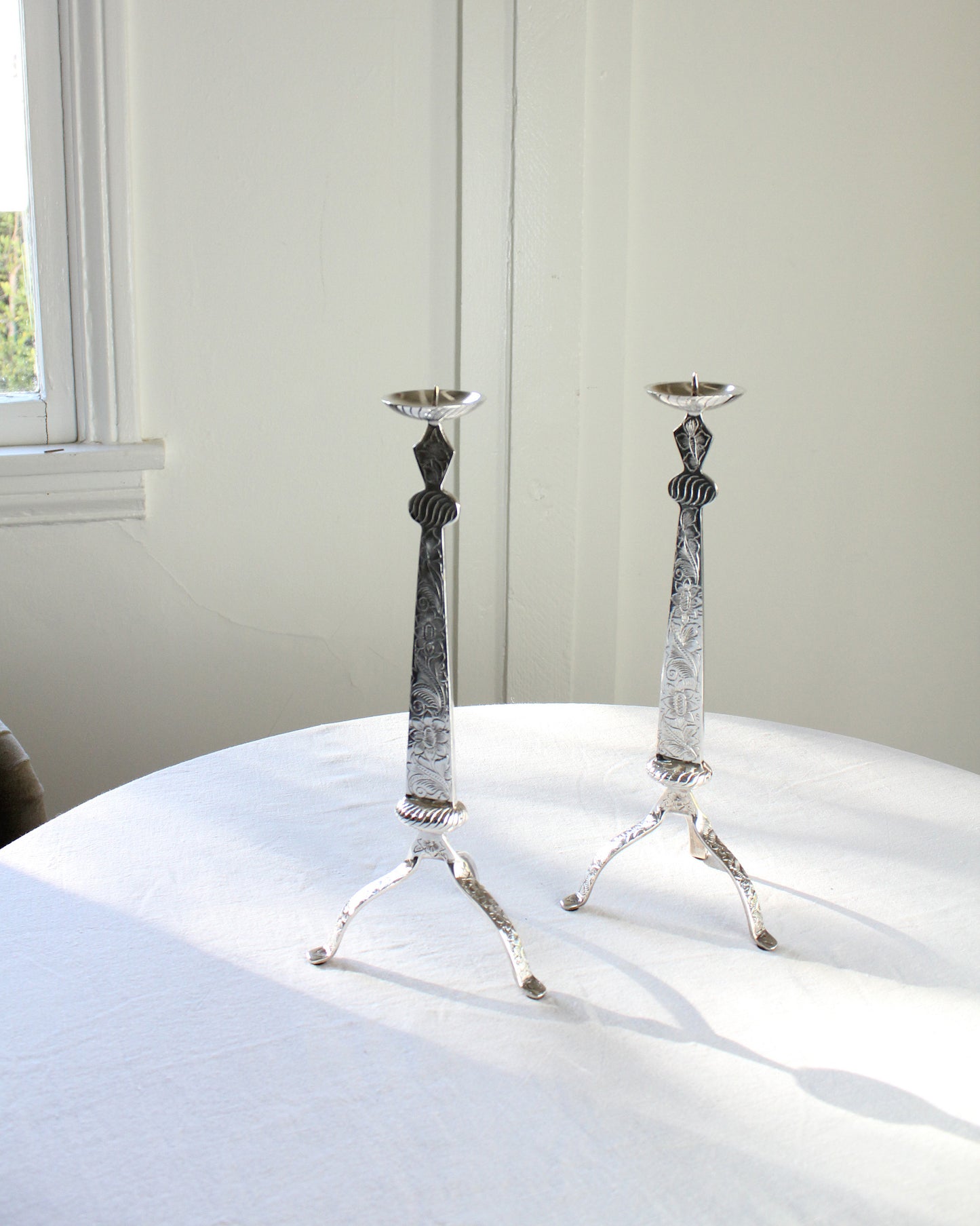 Floral Etched Three Legged Candlesticks