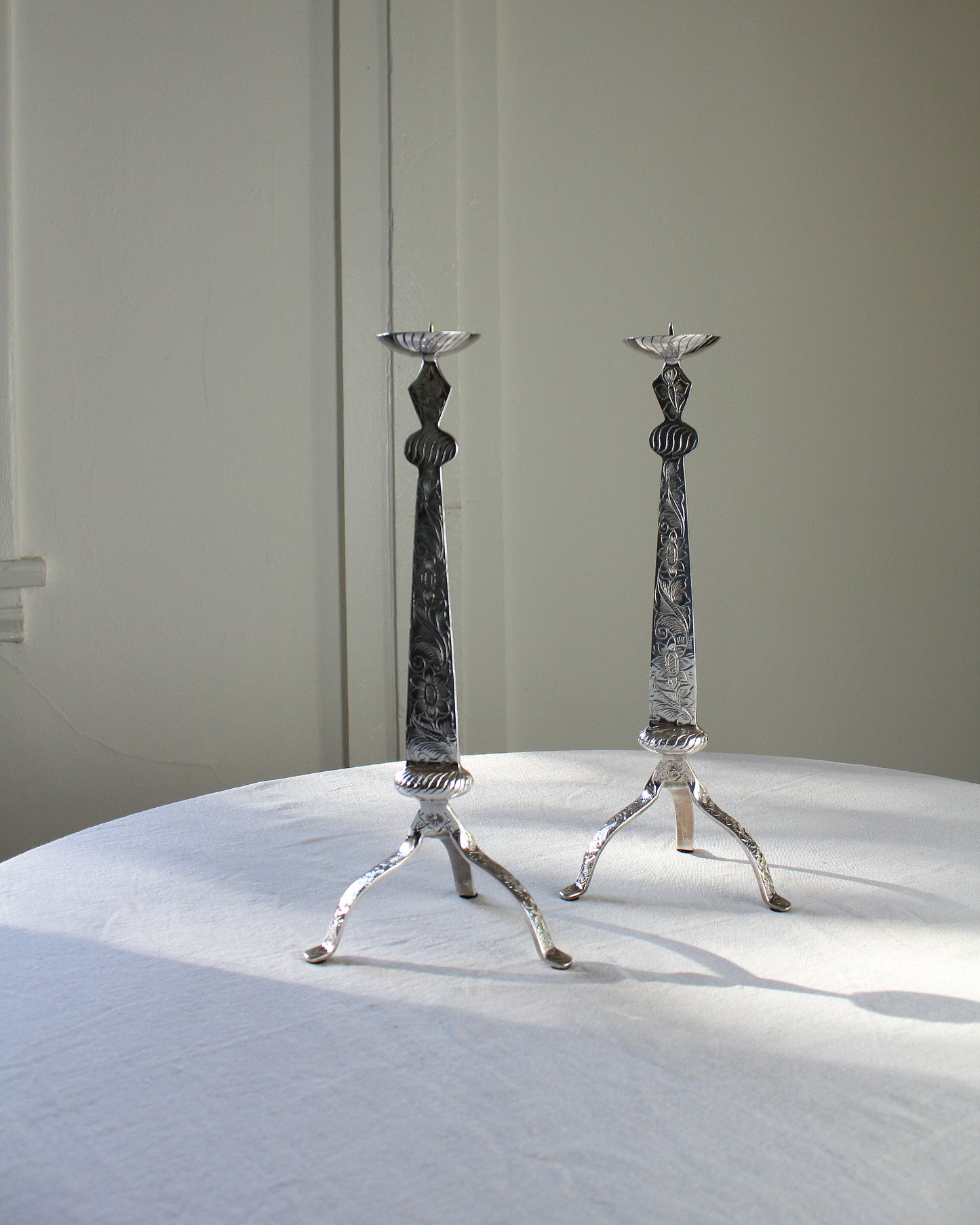 Vintage Floral Silver Plated Hand Etched Three Legged Candlesticks with spikes