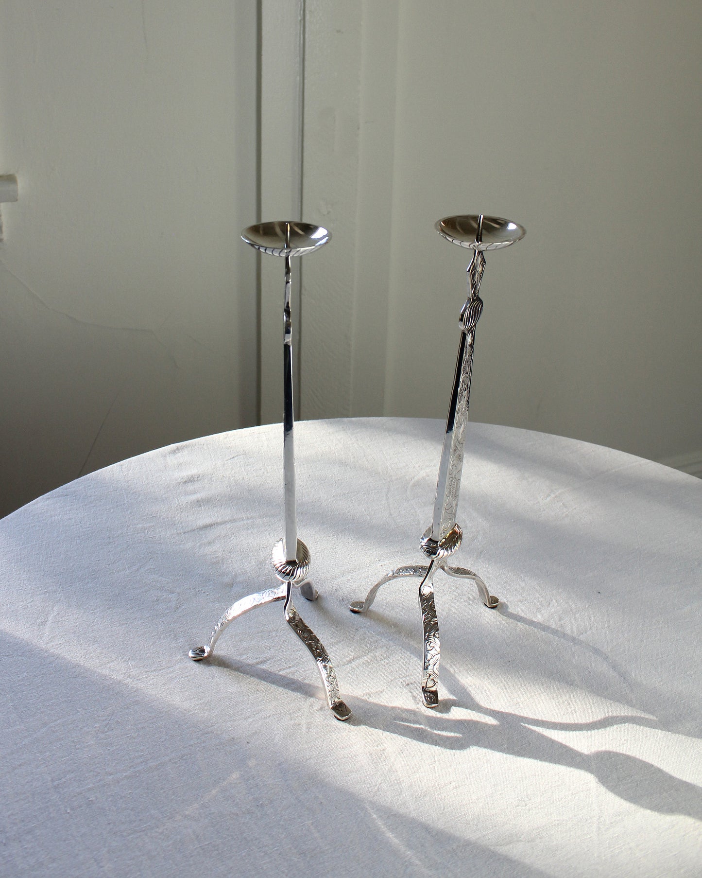 Floral Etched Three Legged Candlesticks