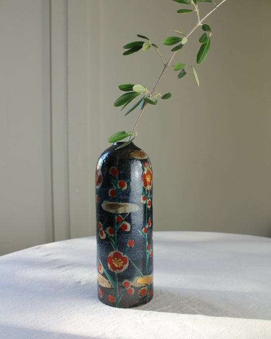 Vintage Mid Century Floral Blue, Gold and Red Vase, Abstract