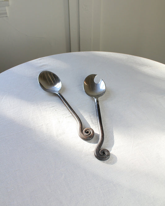 Vintage Stainless Steel Blackened Swirl Spiral Salad Servers