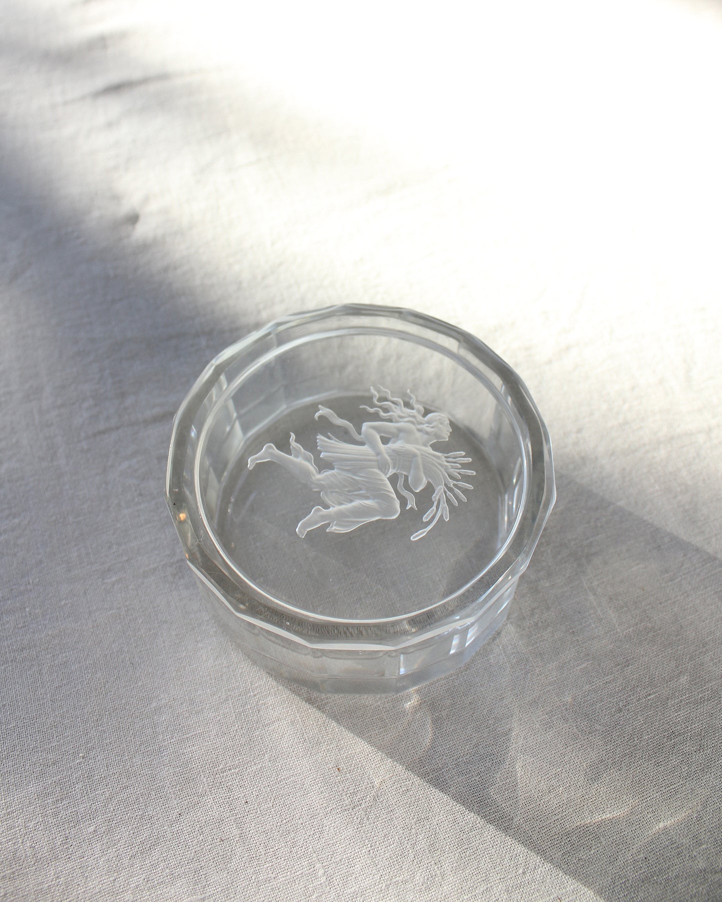 Vintage Art Nouveau Clear Glass Trinket Jewellery Box, Woman with a Sheaf of Wheat Engraving