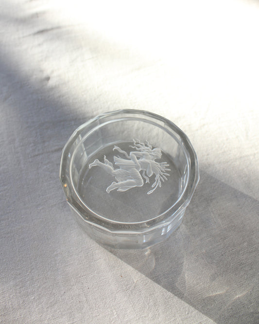 Vintage Art Nouveau Clear Glass Trinket Jewellery Box, Woman with a Sheaf of Wheat Engraving