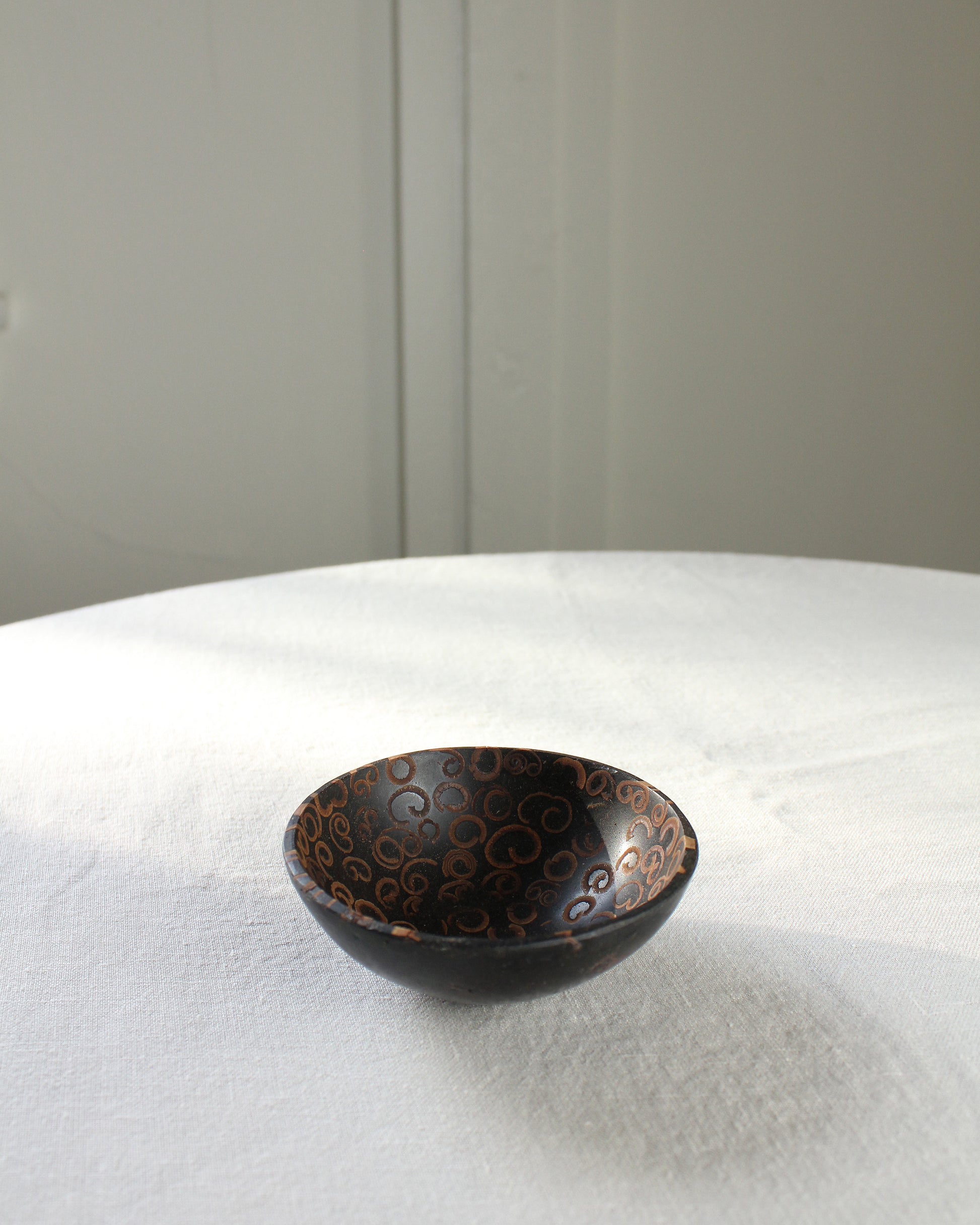 Vintage Small Coconut and Cinnamon Balinese Trinket Bowl, dark brown and lighter brown