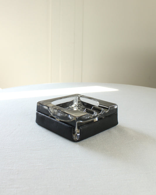 Mid Century Vintage Heavy Glass Ashtray with a Black Leather Holder