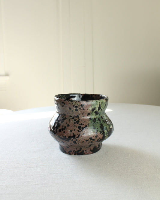 Vintage Green Splash Stoneware Vessel, Studio Pottery, Green and Mauve with Black Splotches, Glazed