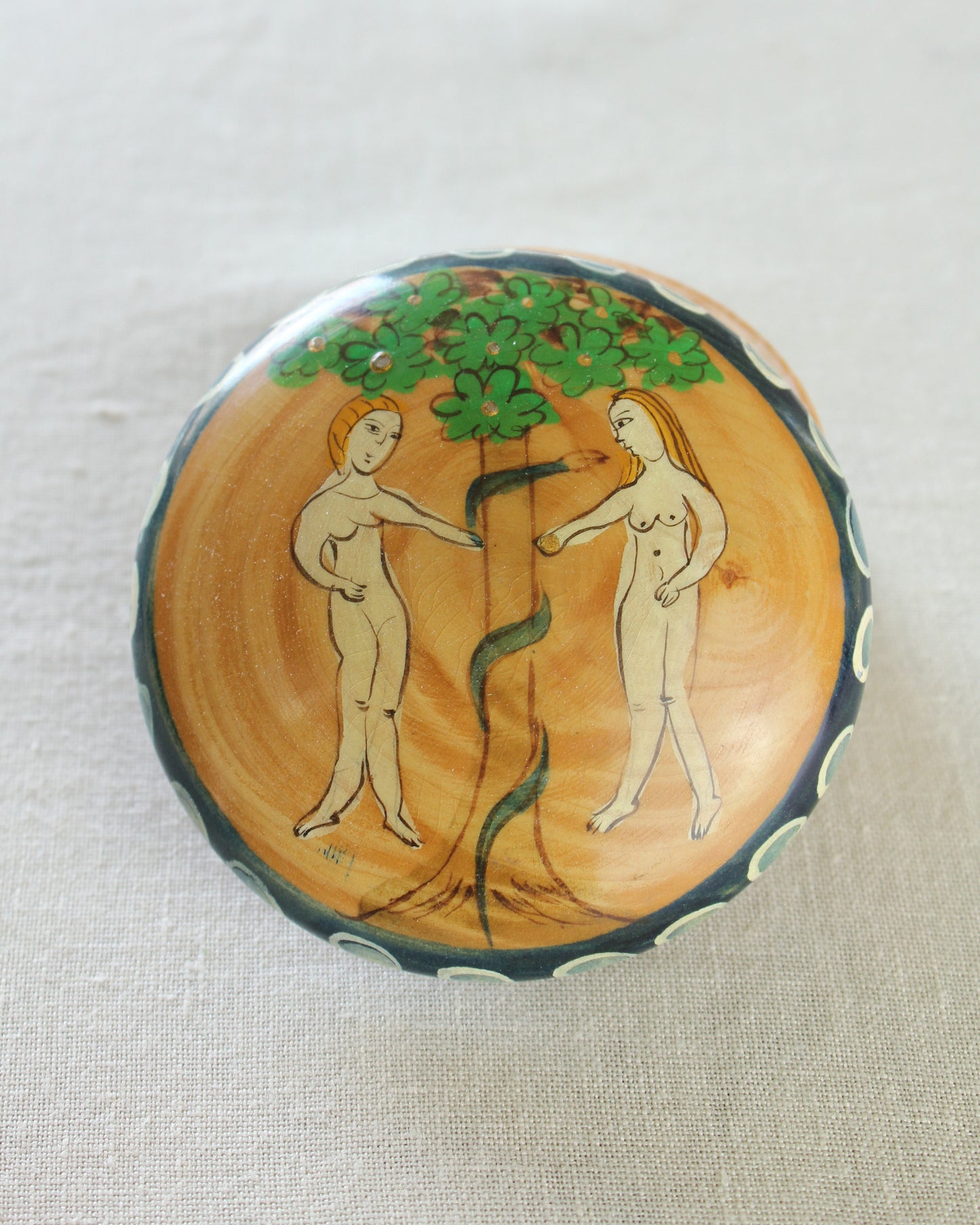 Vintage Handmade Handpainted Wooden Box, Painted Adam, Eve, Serpent Apple and Tree