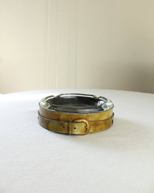 Vintage 1960s Leather Dog Collar Ashtray, Gold buckle, Mottled PVC Coated Yellow/ Amber Leather