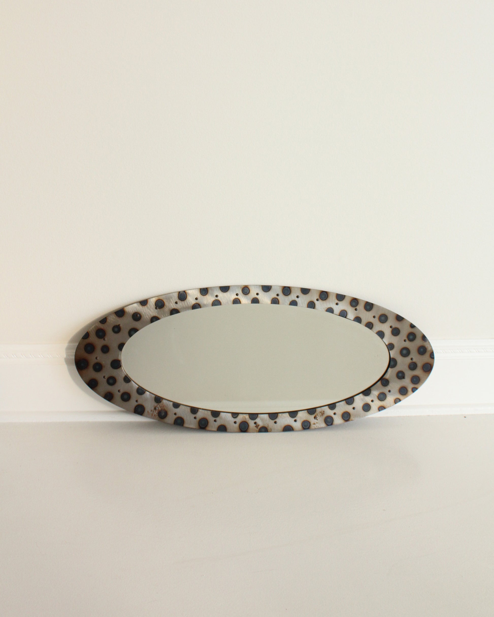 Vintage Handmade Postmodern Spotted Studded Oval Steel Mirror 