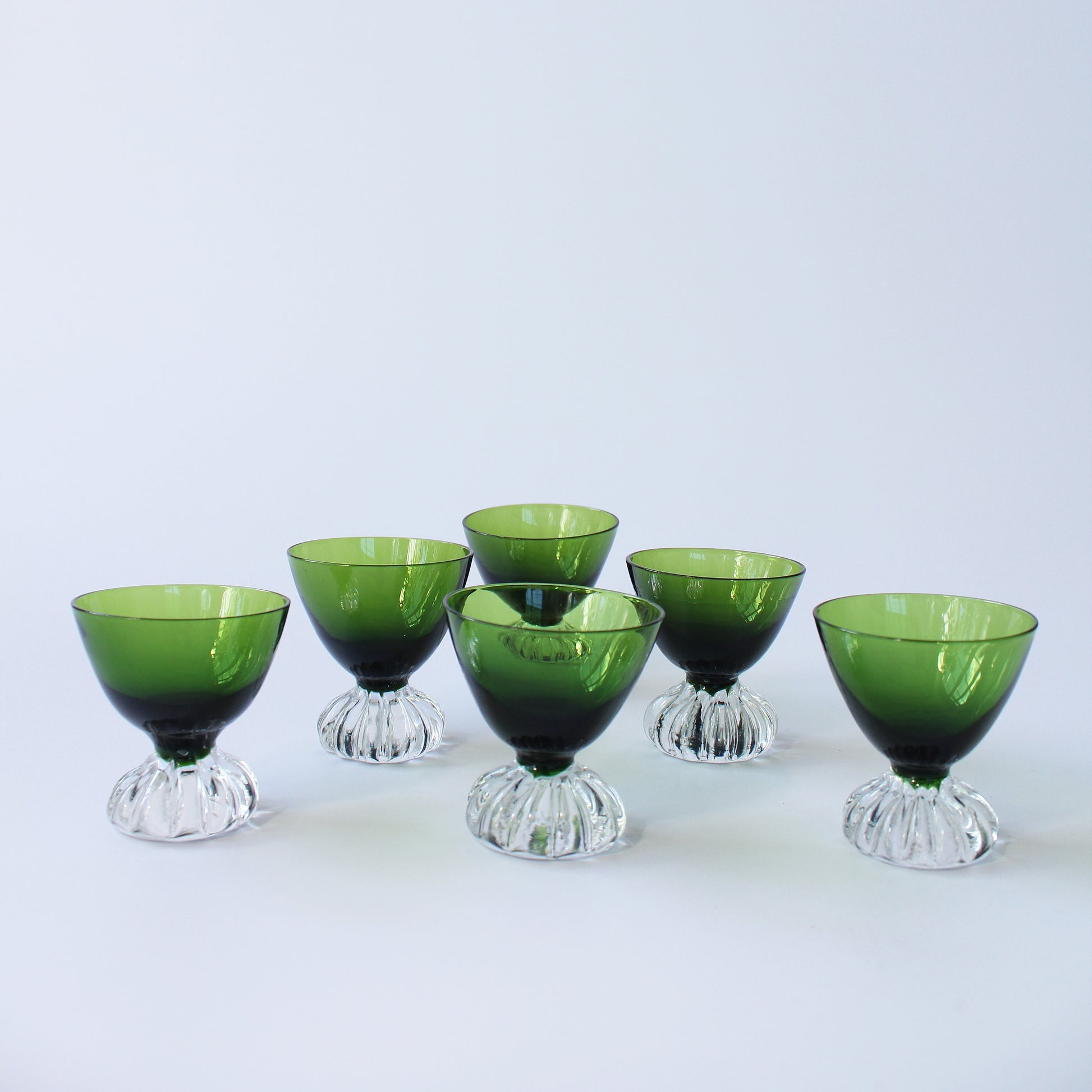 Vintage Swedish Shot/ Liqueur Green and Clear Glasses, set of 7