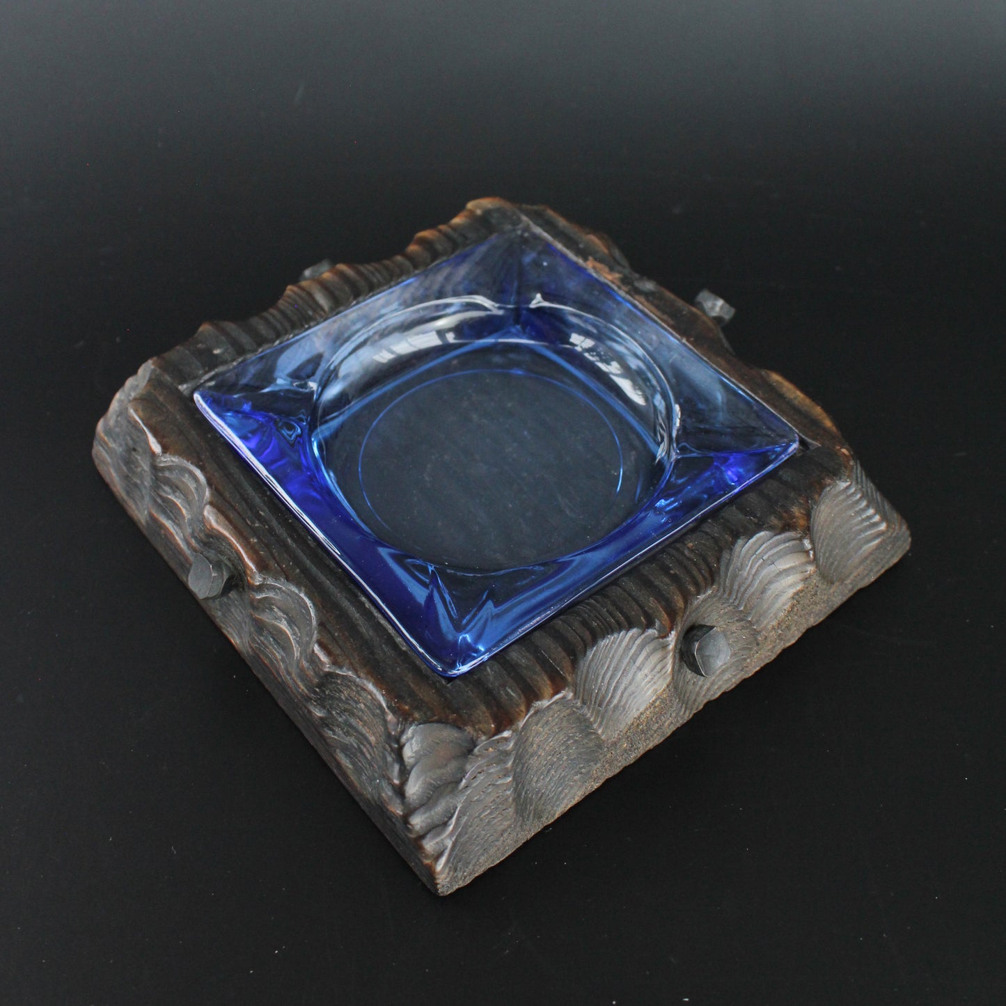 Carved Wood Blue Glass Ashtray