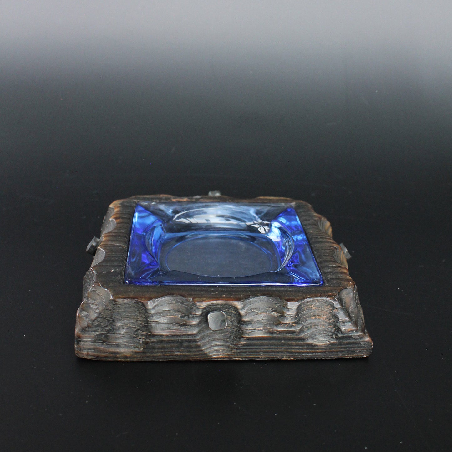 Carved Wood Blue Glass Ashtray