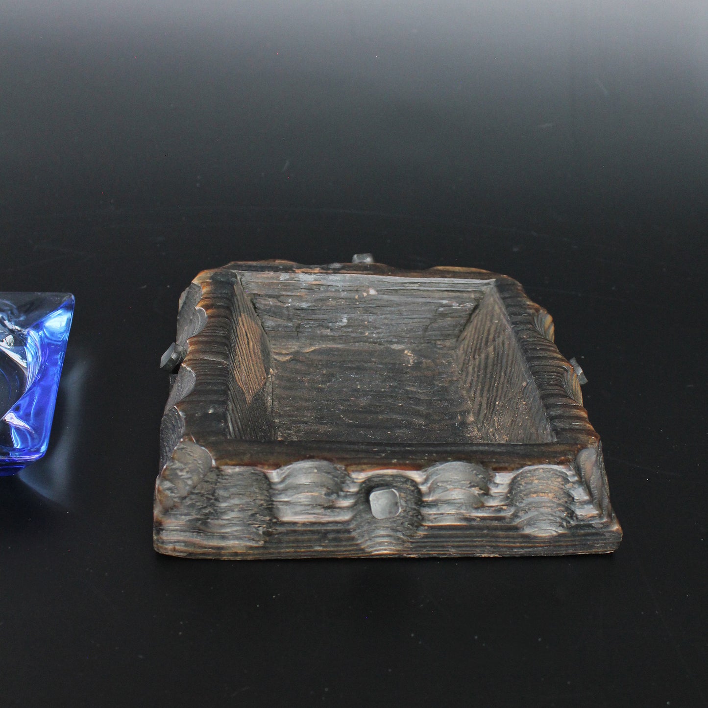 Carved Wood Blue Glass Ashtray