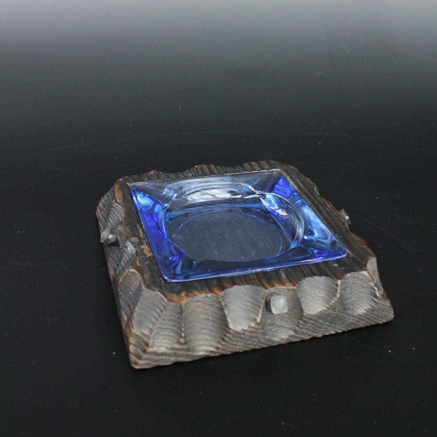 Carved Wood Blue Glass Ashtray