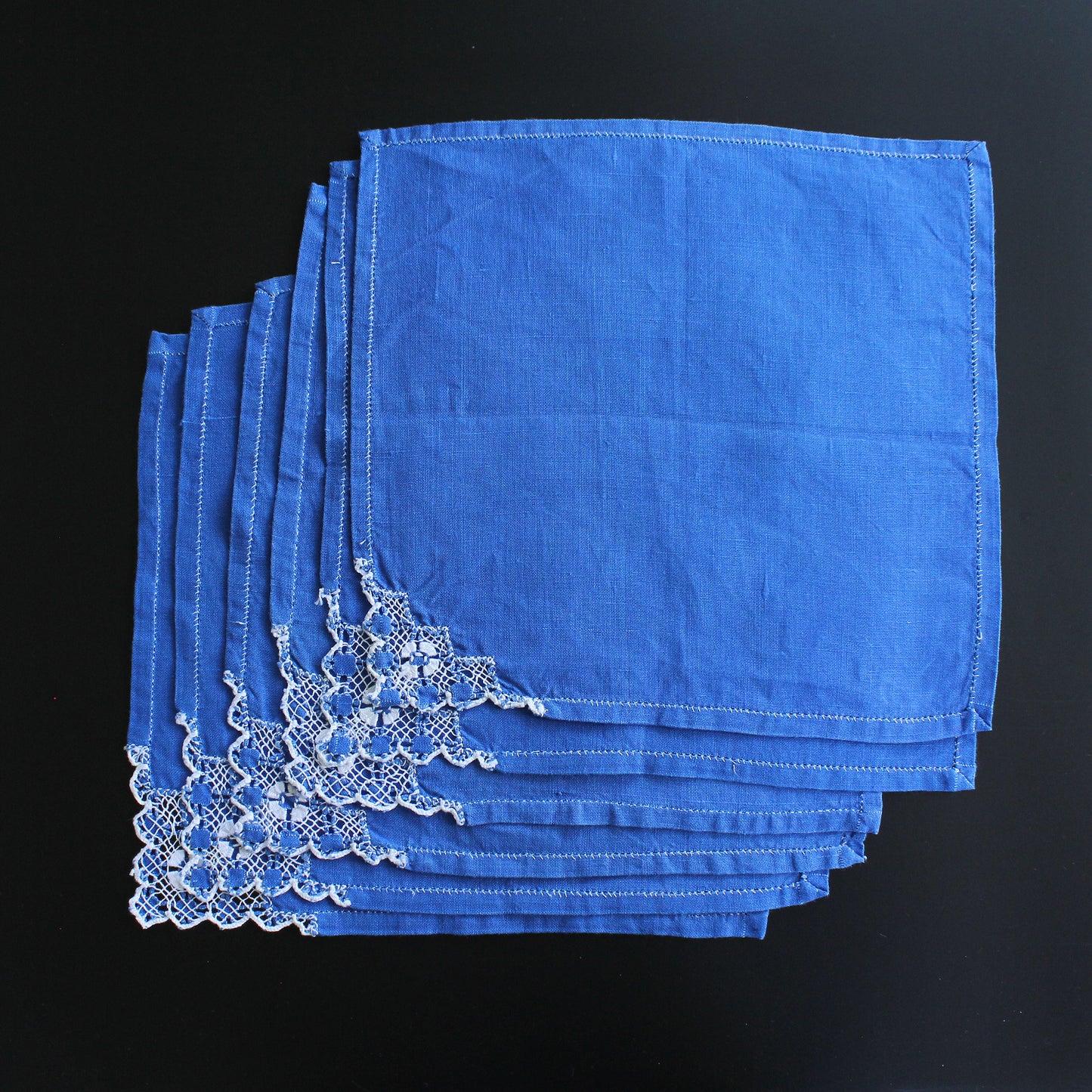 Vintage 1950-60s Farmhouse Style Embroidered Linen Napkins, French Blue