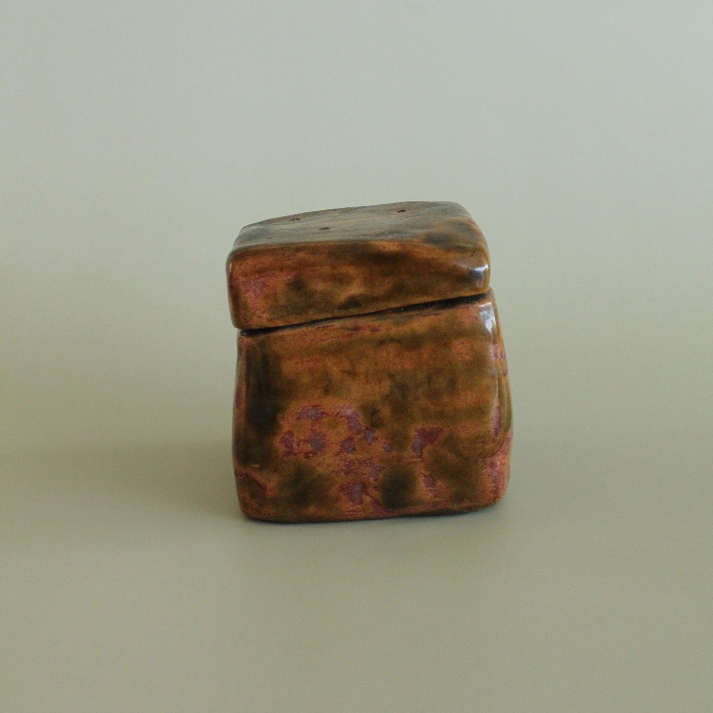 Vintage Handmade Red, Olive & Amber Studio Pottery Ceramic Box