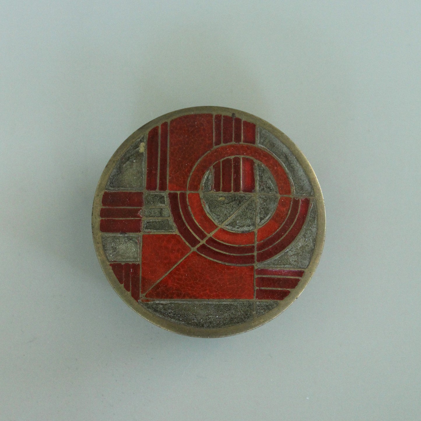 Vintage Geometric 1970s Enamelled Round Brass Trinket Box, orange red gold and brown