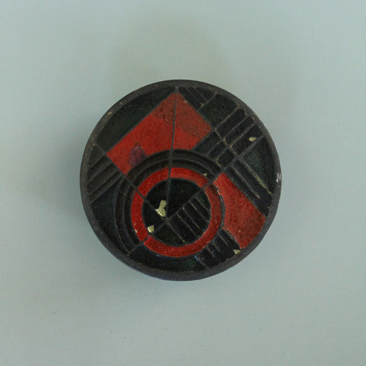 1970s Geometric Design Enamelled round Brass Box with an Orange, black and green design