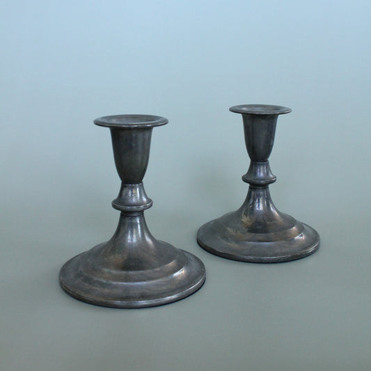 Vintage 20th Century Silver Plated Cupped Candle Holders, Pair, round bases