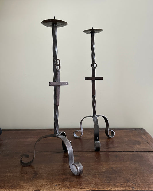 Tall Vintage Wrought Iron Twisted Tripod Legs Cross Candle Sticks Candle Stands Pair